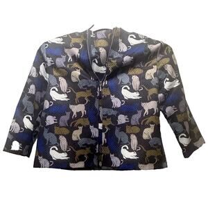 H&M Cat Print Jacquard Cropped Jacket Women’s Size 8 3/4 Sleeve Zip Up